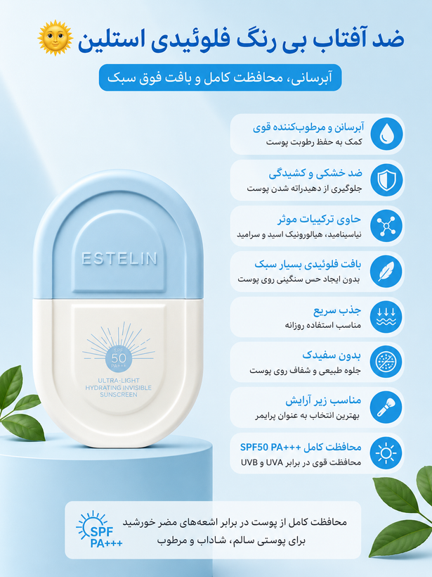ضد آفتاب فلوئیدی آبی استلین SPF50 آبرسان و مناسب انواع پوست،مدلUltra Light Hydrating Invisible Sunscreen، حجم50میل